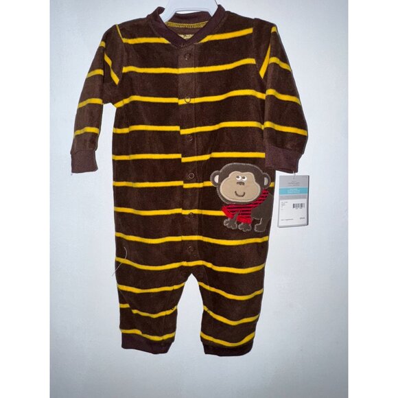 Carters Baby Monkey Striped Brown & Yellow Fleece Romper 6M - Picture 1 of 4